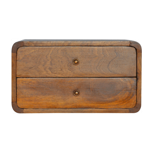 Chocolate Brown Lacquered Solid Mango Wood Curved Floating Nightstand with Brass Knobs & Nordic Legs