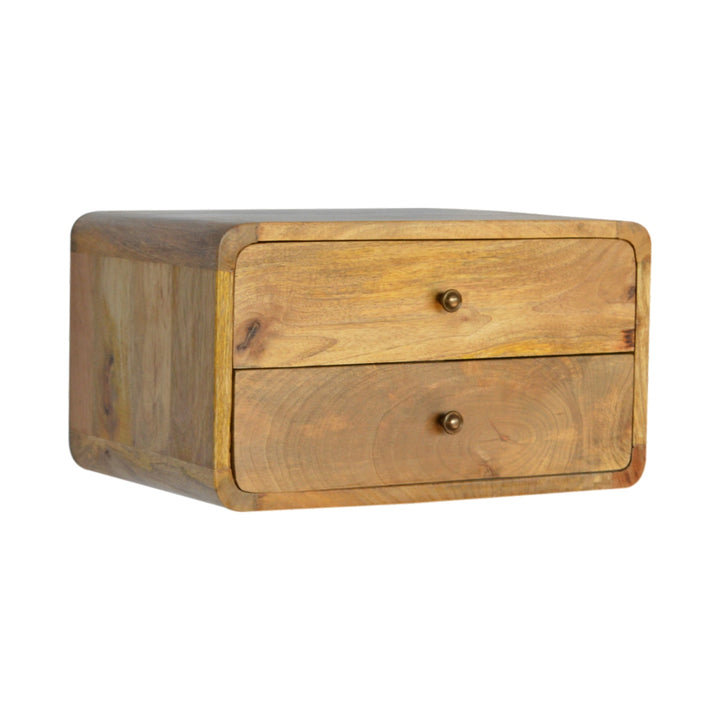 Solid Mango Wood Floating Wall-Mounted Nightstand with 2 Drawers | Oak Veneer Finish | 45 x 32 x 25 cm