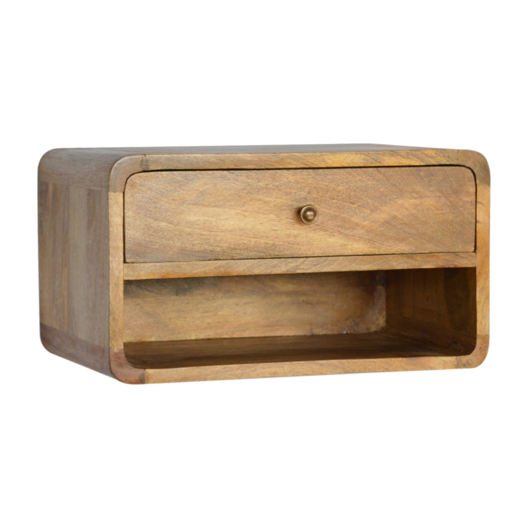 Beige Oak Veneer Solid Mango Wood Curved Compact Bedside with 2 Drawers & Nordic Legs