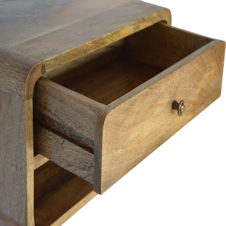 Beige Oak Veneer Solid Mango Wood Curved Compact Bedside with 2 Drawers & Nordic Legs