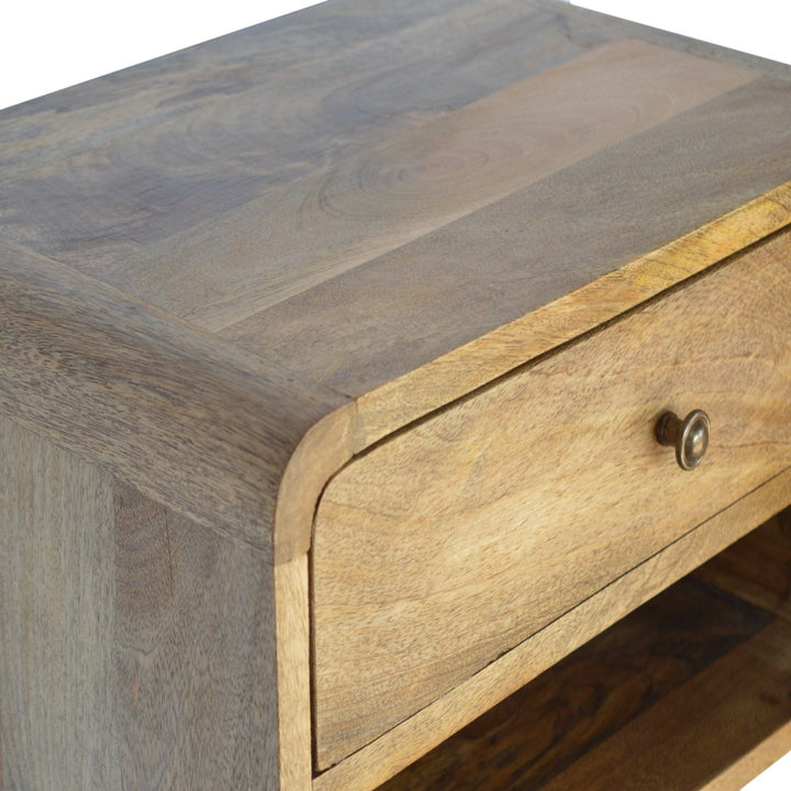Beige Oak Veneer Solid Mango Wood Curved Compact Bedside with 2 Drawers & Nordic Legs