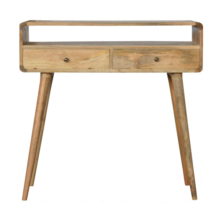 Beige Oak Veneer Solid Mango Wood Curved Console Table with 3 Drawers & Brass Knobs