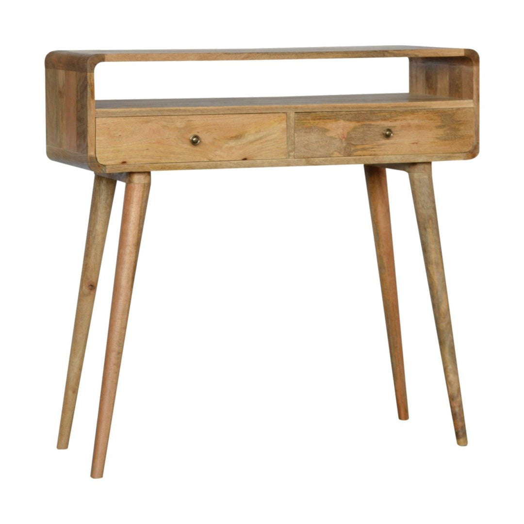 Beige Oak Veneer Solid Mango Wood Curved Console Table with 3 Drawers & Brass Knobs