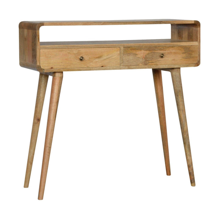 Beige Oak Veneer Solid Mango Wood Curved Console Table with 3 Drawers & Brass Knobs