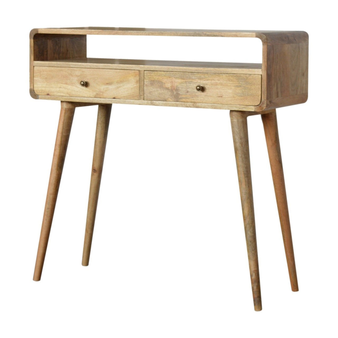 Beige Oak Veneer Solid Mango Wood Curved Console Table with 3 Drawers & Brass Knobs
