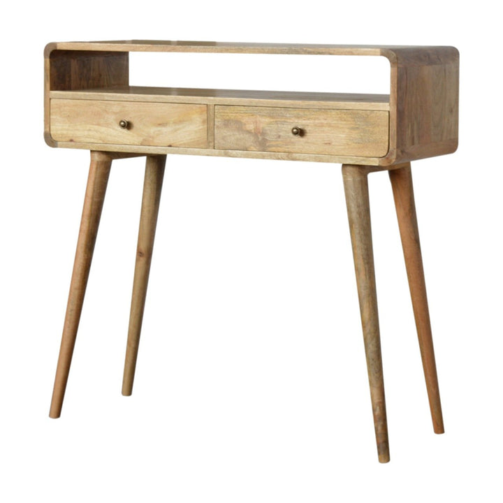 Beige Oak Veneer Solid Mango Wood Curved Console Table with 3 Drawers & Brass Knobs