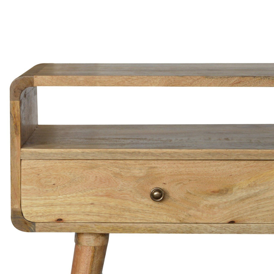Beige Oak Veneer Solid Mango Wood Curved Console Table with 3 Drawers & Brass Knobs
