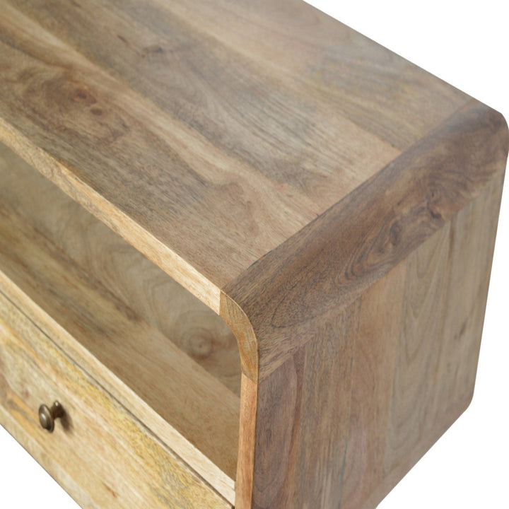 Beige Oak Veneer Solid Mango Wood Curved Console Table with 3 Drawers & Brass Knobs