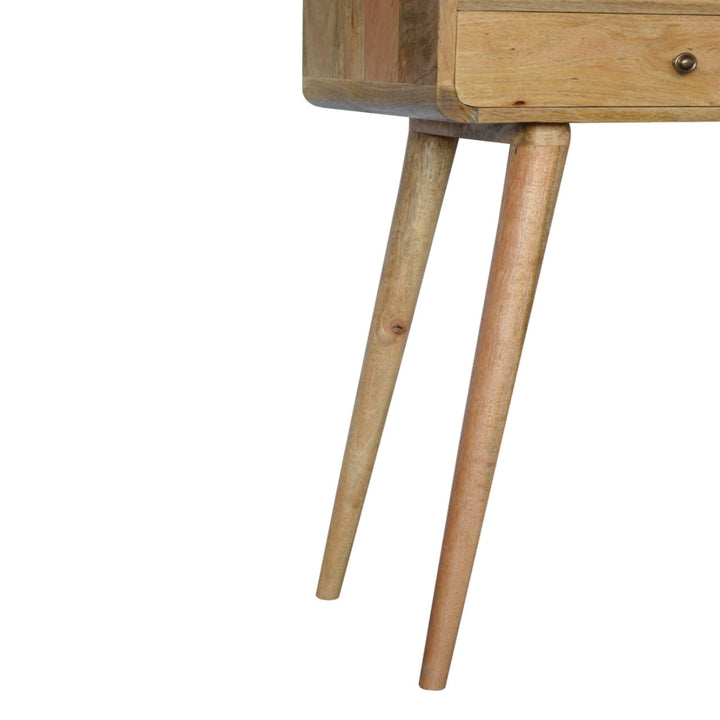 Beige Oak Veneer Solid Mango Wood Curved Console Table with 3 Drawers & Brass Knobs