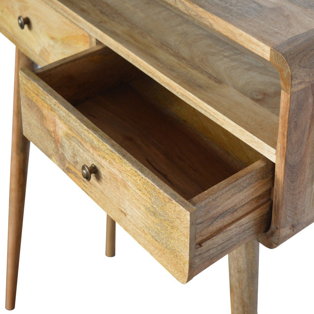 Beige Oak Veneer Solid Mango Wood Curved Console Table with 3 Drawers & Brass Knobs