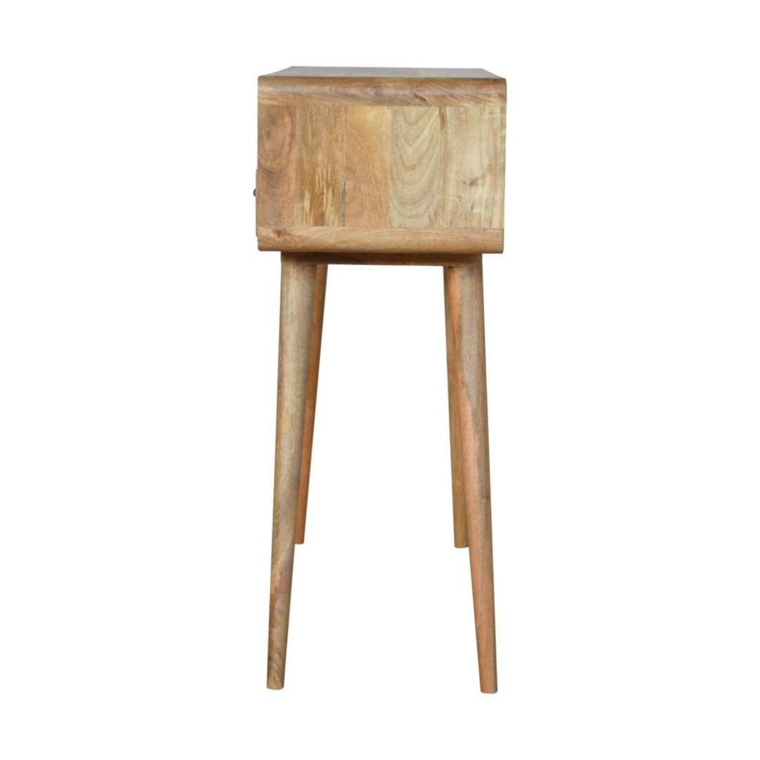 Beige Oak Veneer Solid Mango Wood Curved Console Table with 3 Drawers & Brass Knobs