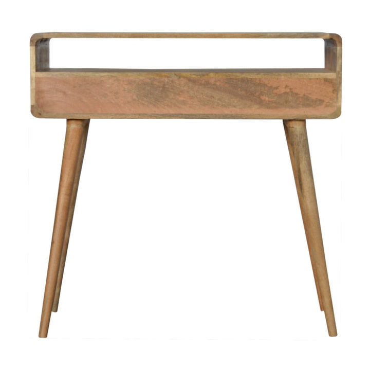 Beige Oak Veneer Solid Mango Wood Curved Console Table with 3 Drawers & Brass Knobs