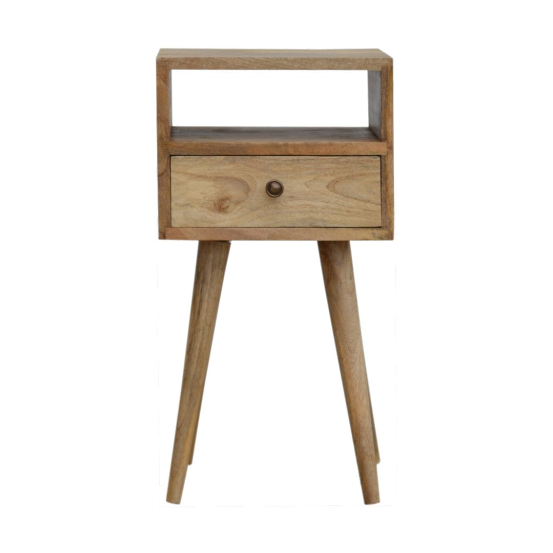 Solid Mango Wood Mini Circular Bedside Table with 1 Drawer & Open Shelf | Oak Veneer Finish | 30 x 30 x 57 cm