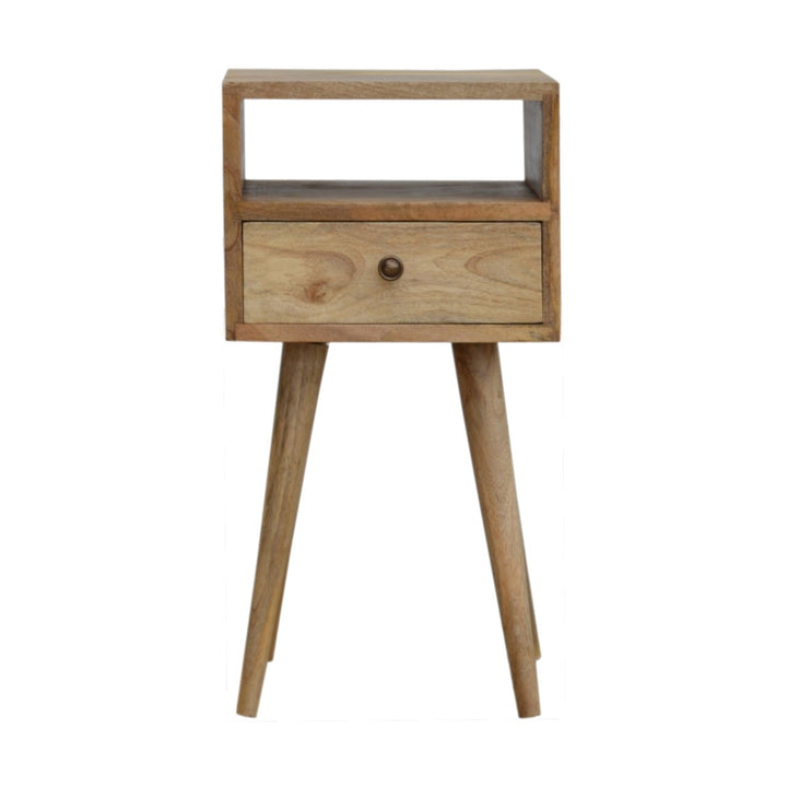 Solid Mango Wood Mini Circular Bedside Table with 1 Drawer & Open Shelf | Oak Veneer Finish | 30 x 30 x 57 cm