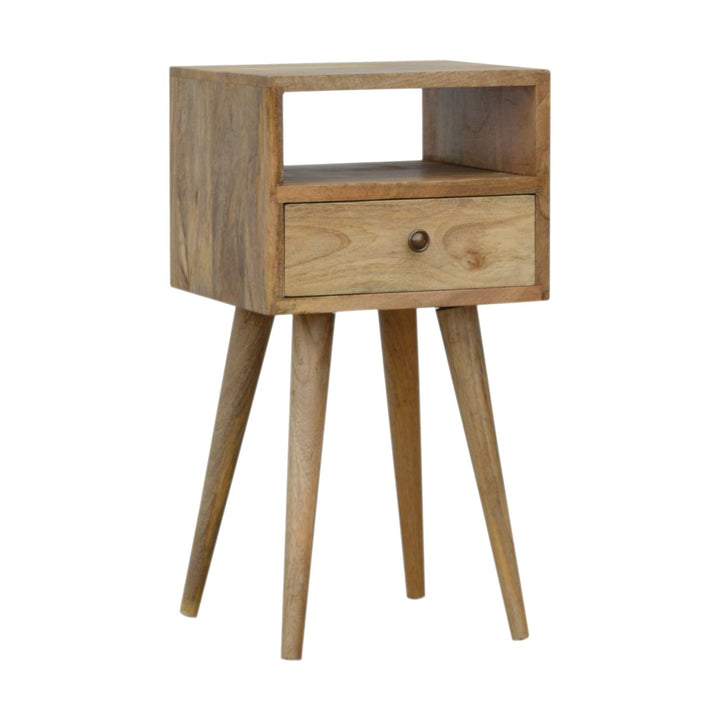 Solid Mango Wood Mini Circular Bedside Table with 1 Drawer & Open Shelf | Oak Veneer Finish | 30 x 30 x 57 cm