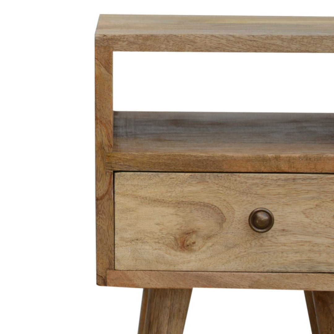 Solid Mango Wood Mini Circular Bedside Table with 1 Drawer & Open Shelf | Oak Veneer Finish | 30 x 30 x 57 cm