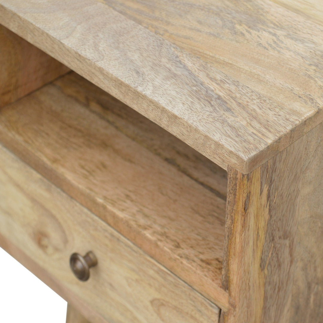 Solid Mango Wood Mini Circular Bedside Table with 1 Drawer & Open Shelf | Oak Veneer Finish | 30 x 30 x 57 cm