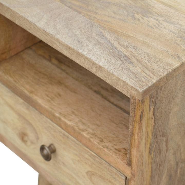 Solid Mango Wood Mini Circular Bedside Table with 1 Drawer & Open Shelf | Oak Veneer Finish | 30 x 30 x 57 cm
