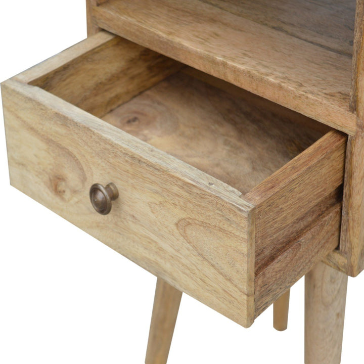 Solid Mango Wood Mini Circular Bedside Table with 1 Drawer & Open Shelf | Oak Veneer Finish | 30 x 30 x 57 cm