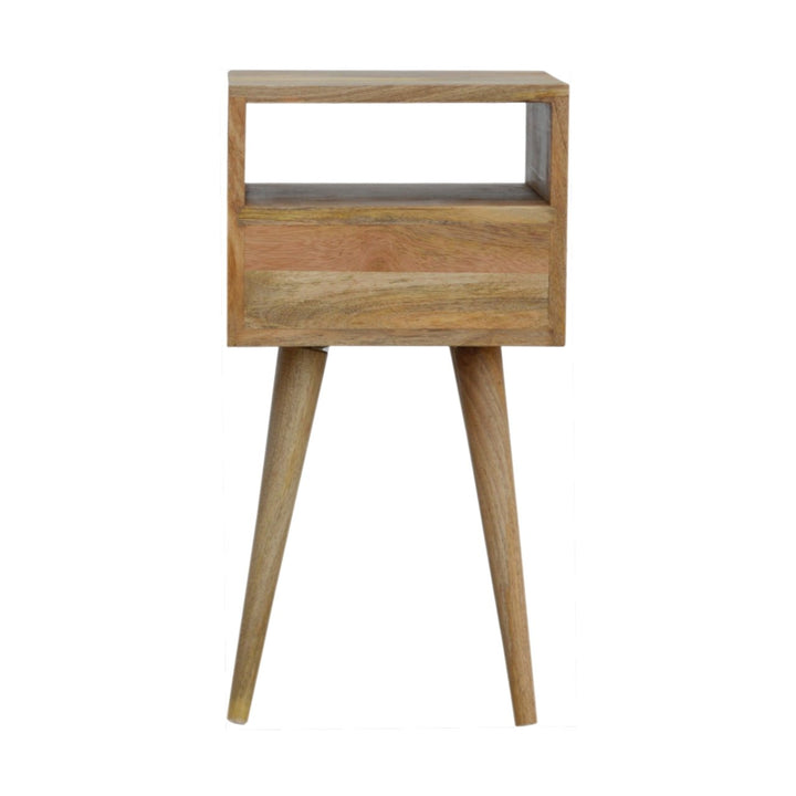 Solid Mango Wood Mini Circular Bedside Table with 1 Drawer & Open Shelf | Oak Veneer Finish | 30 x 30 x 57 cm