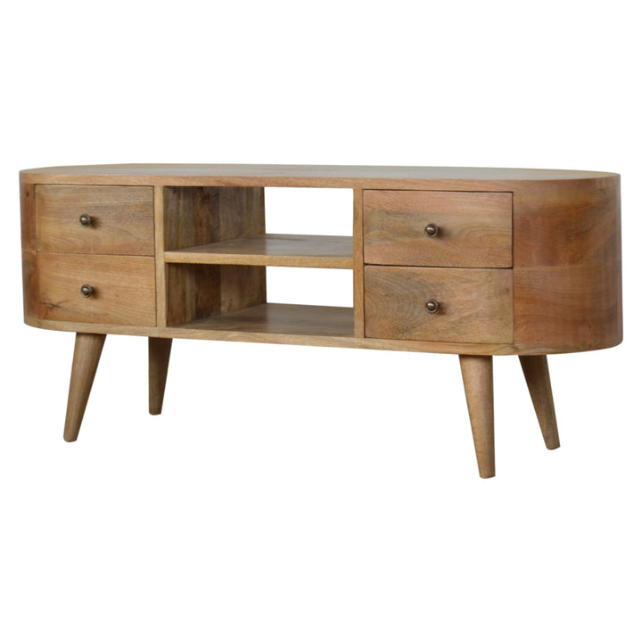 Solid Mango Wood Rounded Media Unit with 4 Drawers, 2 Open Shelves & Nordic Legs | Oak Finish | 110 x 35 x 47 cm