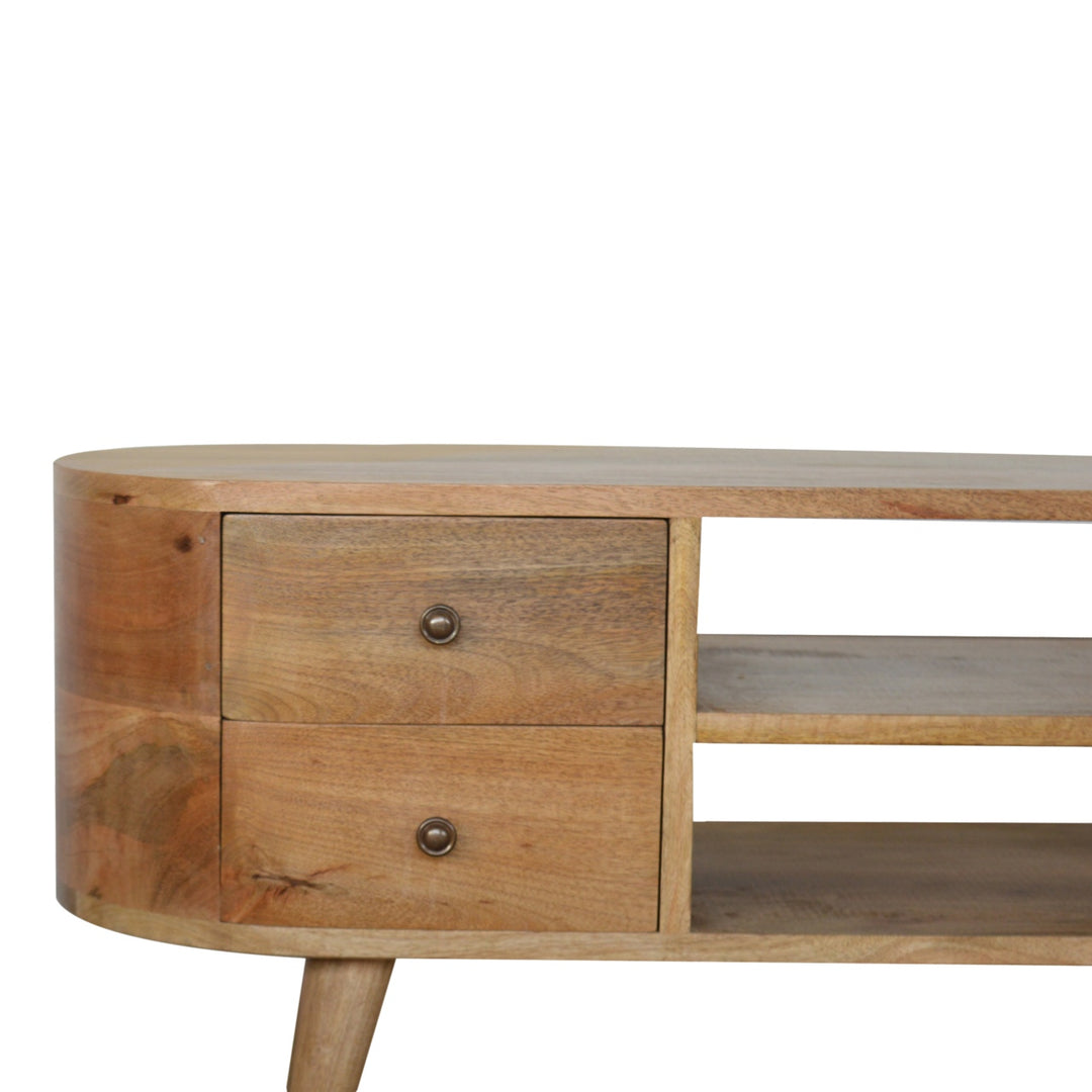Solid Mango Wood Rounded Media Unit with 4 Drawers, 2 Open Shelves & Nordic Legs | Oak Finish | 110 x 35 x 47 cm