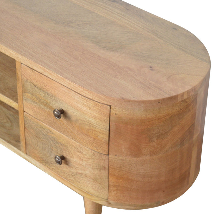 Solid Mango Wood Rounded Media Unit with 4 Drawers, 2 Open Shelves & Nordic Legs | Oak Finish | 110 x 35 x 47 cm