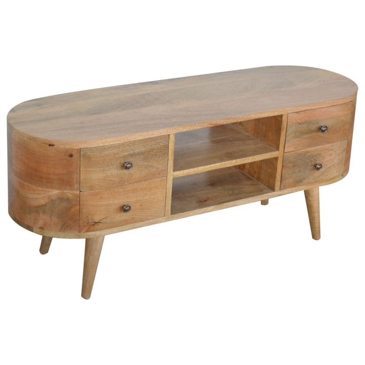 Solid Mango Wood Rounded Media Unit with 4 Drawers, 2 Open Shelves & Nordic Legs | Oak Finish | 110 x 35 x 47 cm