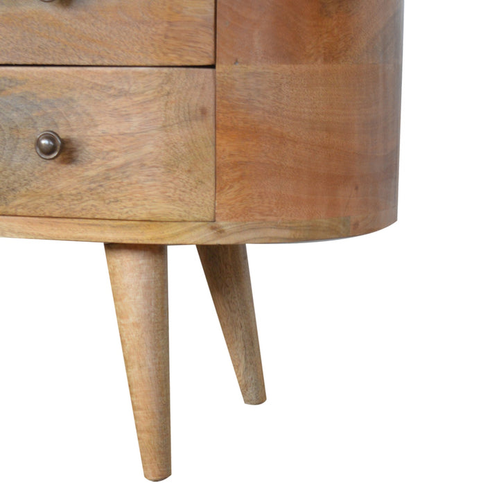 Solid Mango Wood Rounded Media Unit with 4 Drawers, 2 Open Shelves & Nordic Legs | Oak Finish | 110 x 35 x 47 cm