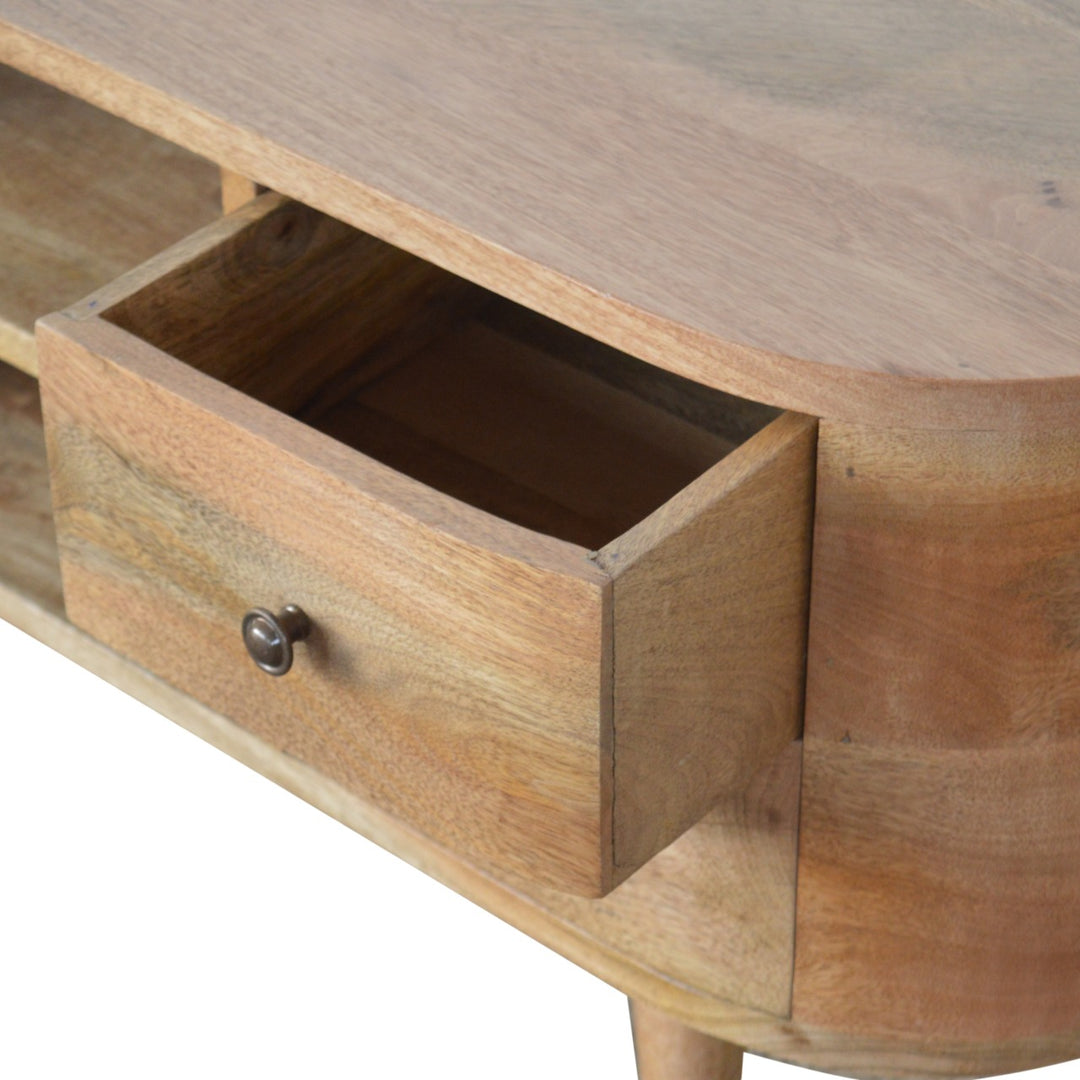 Solid Mango Wood Rounded Media Unit with 4 Drawers, 2 Open Shelves & Nordic Legs | Oak Finish | 110 x 35 x 47 cm