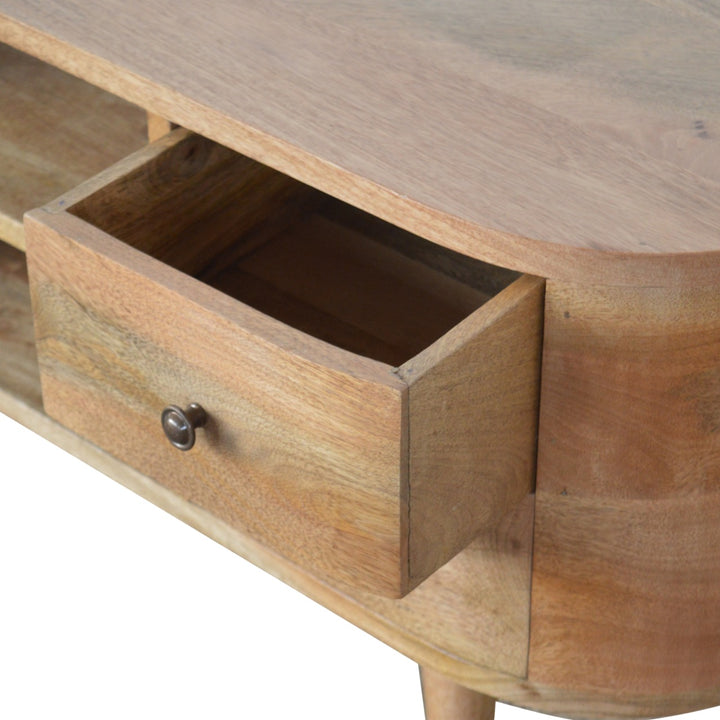 Solid Mango Wood Rounded Media Unit with 4 Drawers, 2 Open Shelves & Nordic Legs | Oak Finish | 110 x 35 x 47 cm