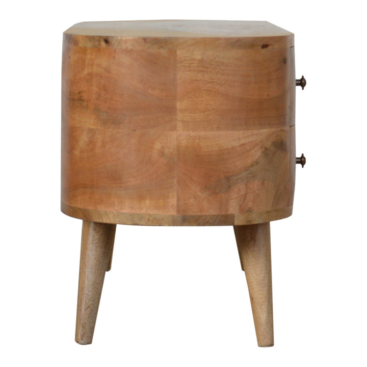 Solid Mango Wood Rounded Media Unit with 4 Drawers, 2 Open Shelves & Nordic Legs | Oak Finish | 110 x 35 x 47 cm