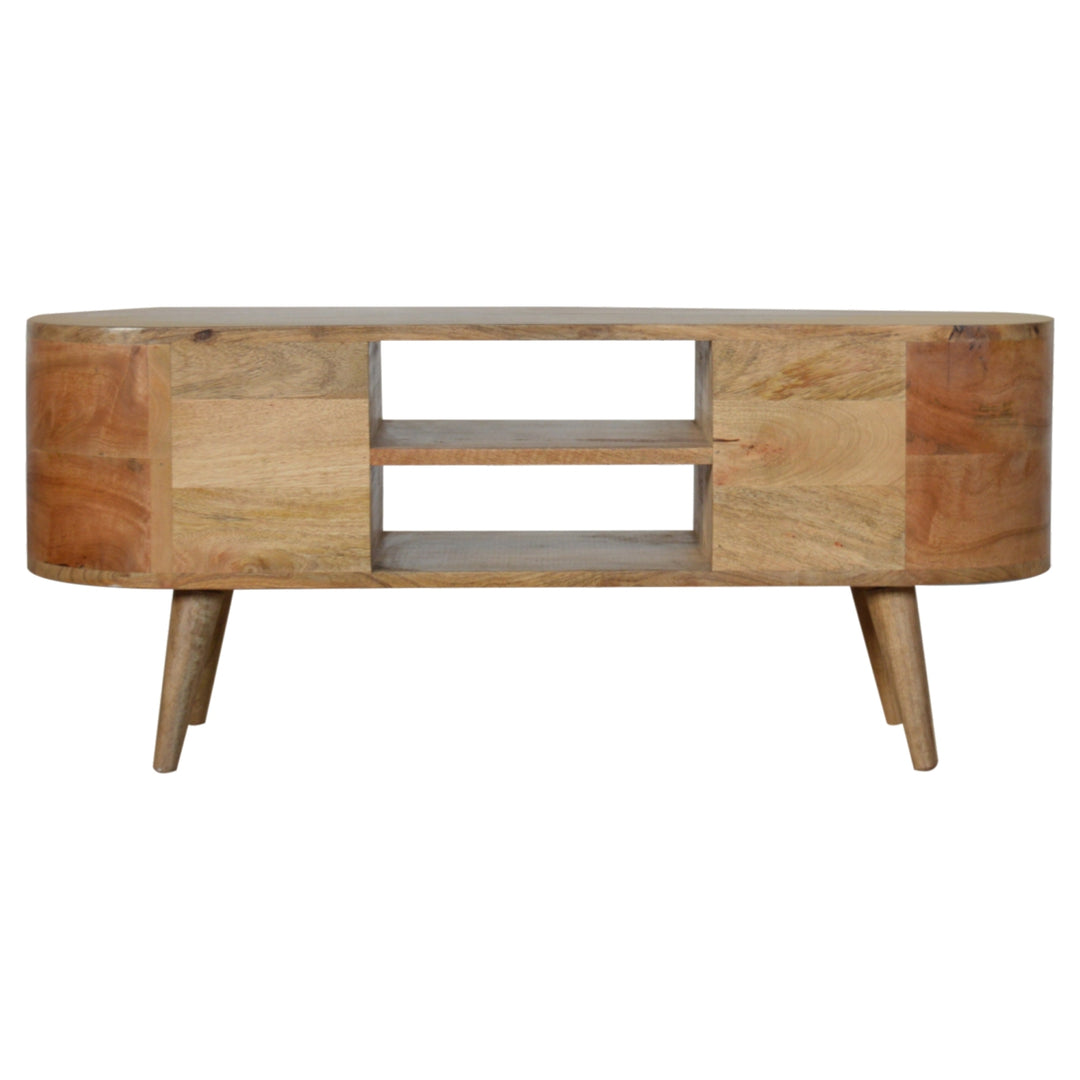 Solid Mango Wood Rounded Media Unit with 4 Drawers, 2 Open Shelves & Nordic Legs | Oak Finish | 110 x 35 x 47 cm