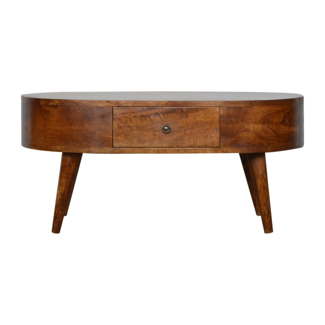 Chocolate Brown Lacquered Solid Mango Wood Round Coffee Table with 2 Drawers & Nordic Legs