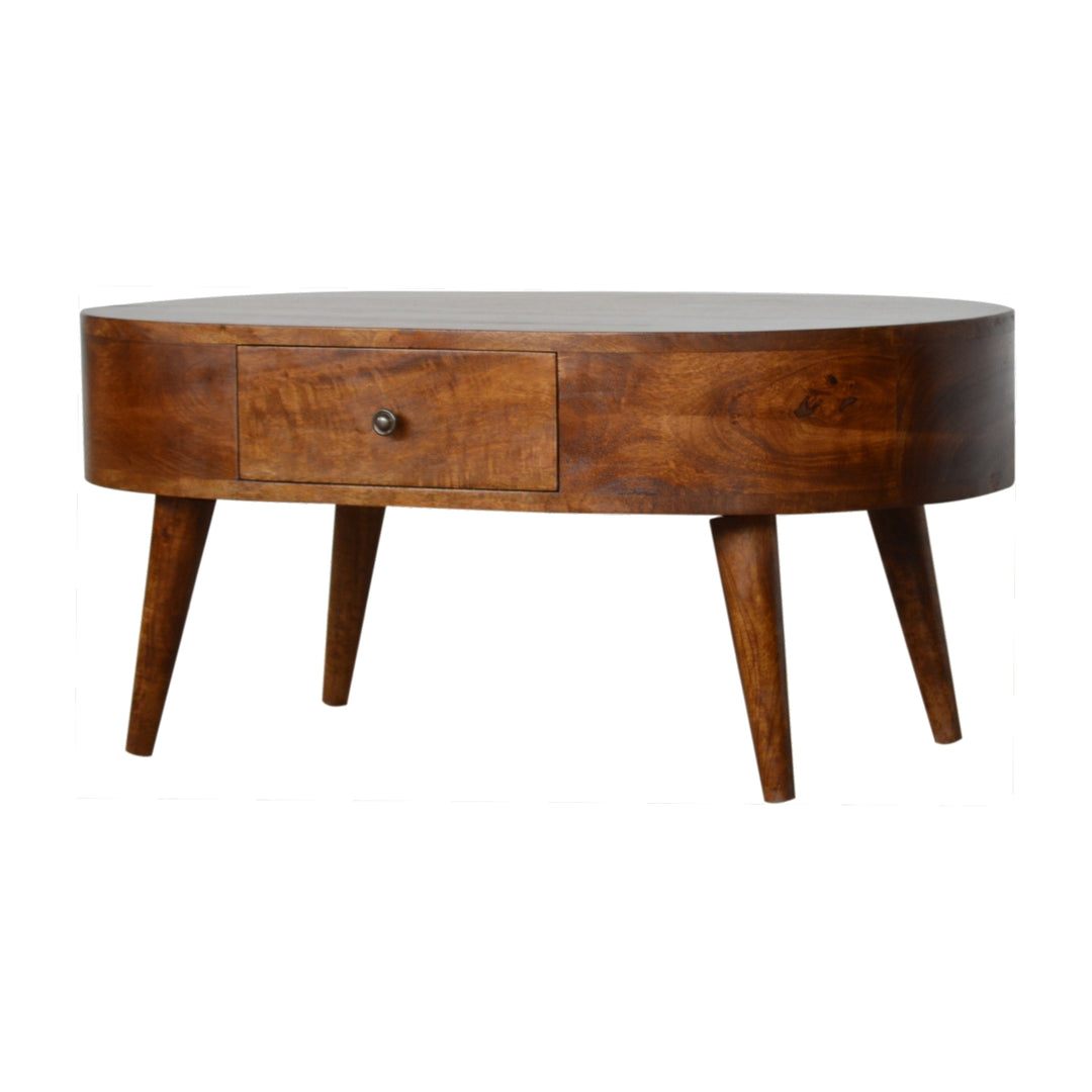 Chocolate Brown Lacquered Solid Mango Wood Round Coffee Table with 2 Drawers & Nordic Legs