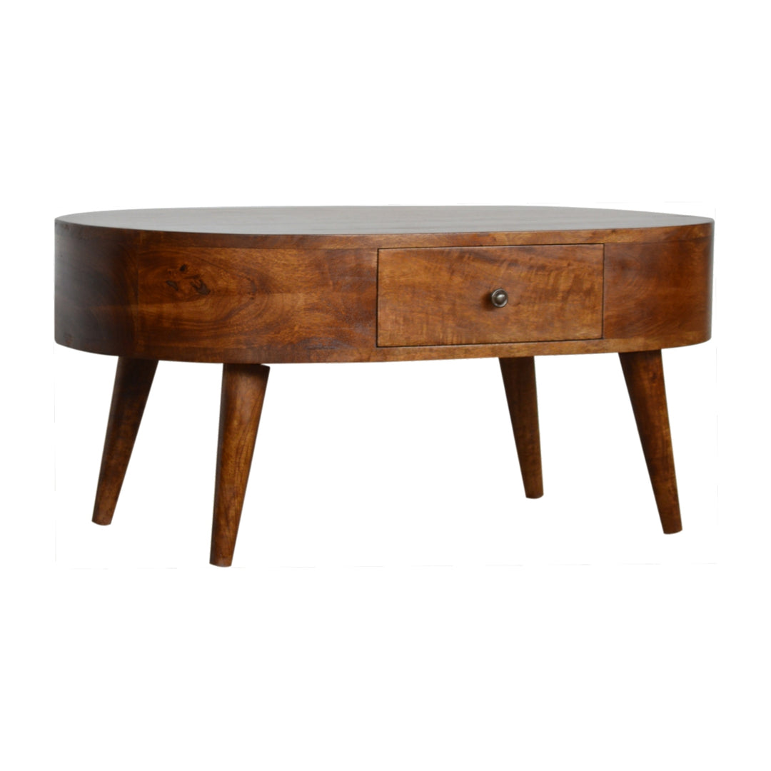 Chocolate Brown Lacquered Solid Mango Wood Round Coffee Table with 2 Drawers & Nordic Legs