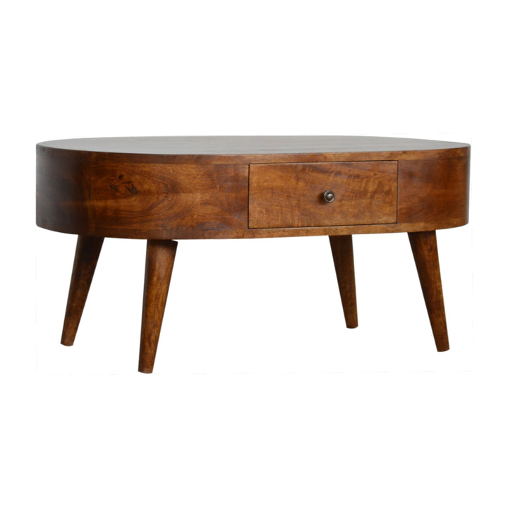 Chocolate Brown Lacquered Solid Mango Wood Round Coffee Table with 2 Drawers & Nordic Legs