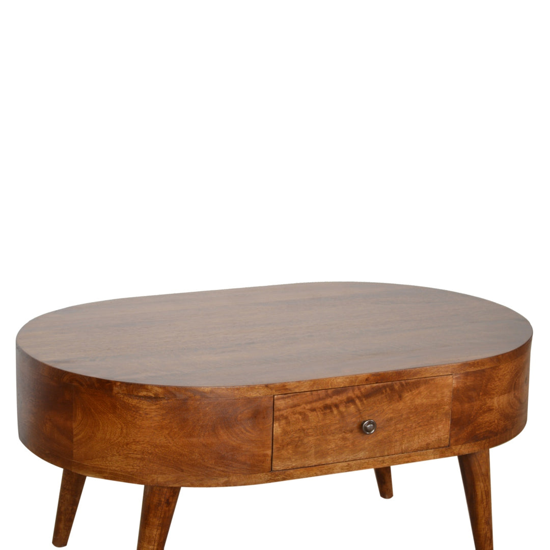 Chocolate Brown Lacquered Solid Mango Wood Round Coffee Table with 2 Drawers & Nordic Legs