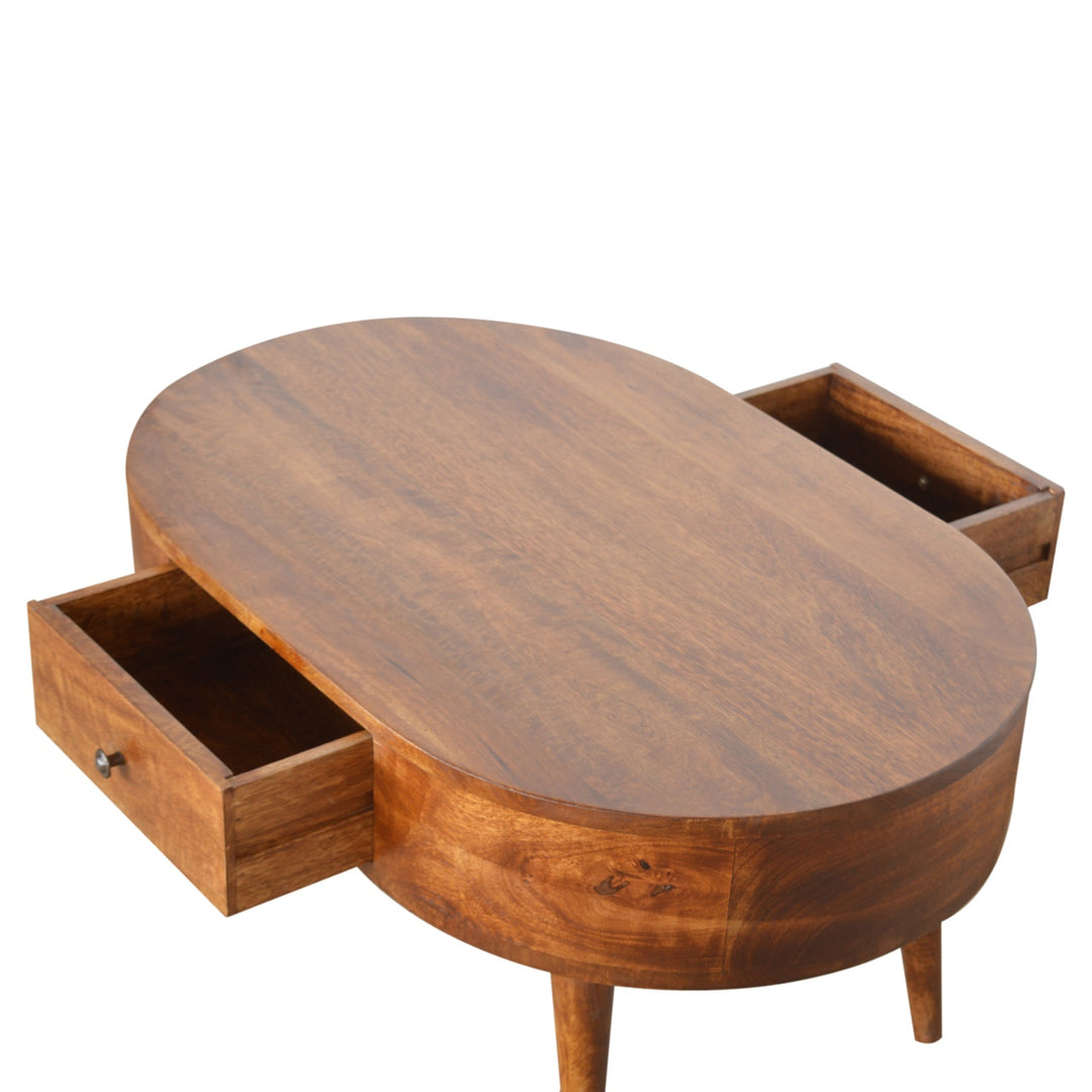 Chocolate Brown Lacquered Solid Mango Wood Round Coffee Table with 2 Drawers & Nordic Legs
