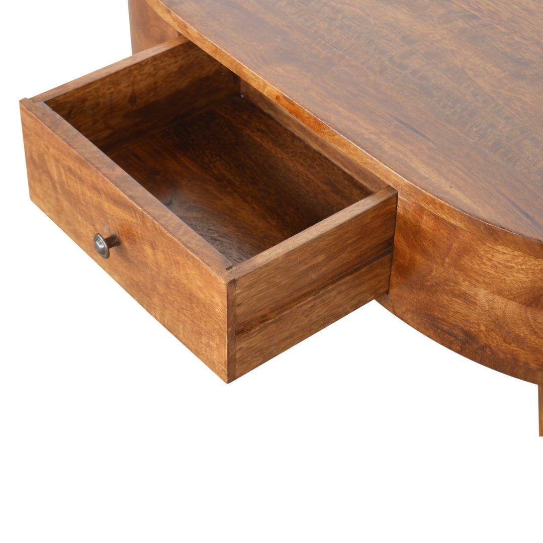 Chocolate Brown Lacquered Solid Mango Wood Round Coffee Table with 2 Drawers & Nordic Legs