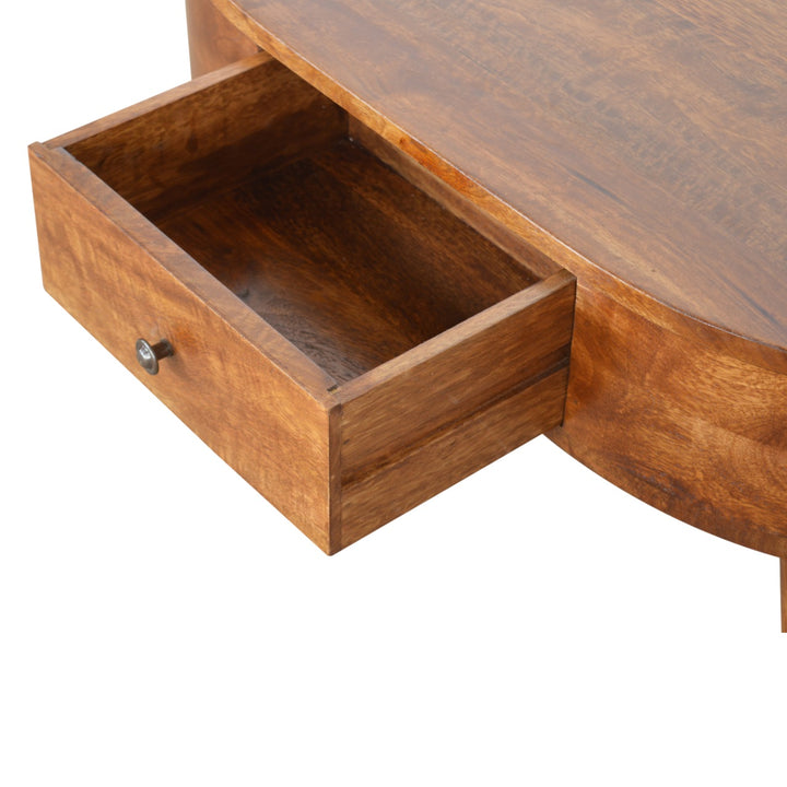 Chocolate Brown Lacquered Solid Mango Wood Round Coffee Table with 2 Drawers & Nordic Legs