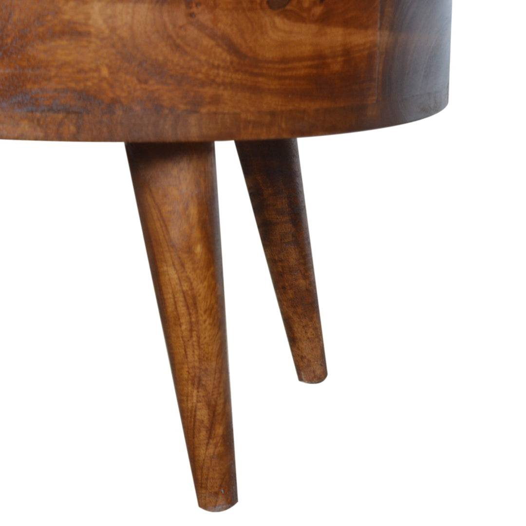 Chocolate Brown Lacquered Solid Mango Wood Round Coffee Table with 2 Drawers & Nordic Legs