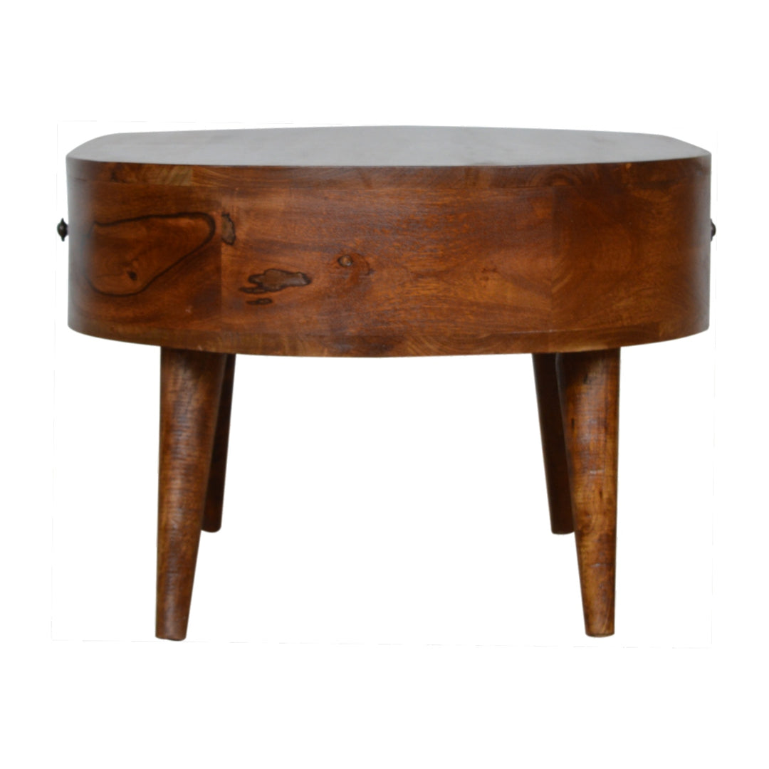 Chocolate Brown Lacquered Solid Mango Wood Round Coffee Table with 2 Drawers & Nordic Legs