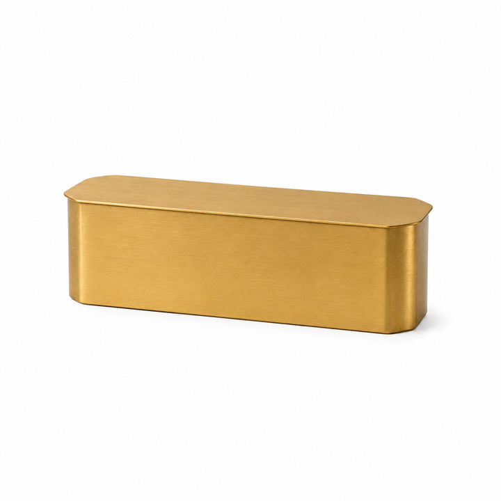 rectangular brass drawer pull handle with a brushed finish
