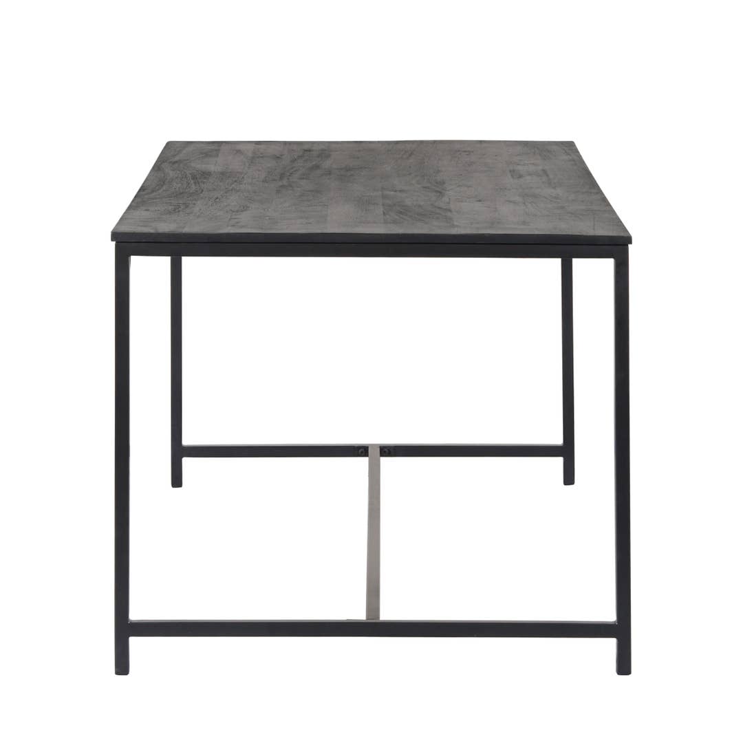 rectangular table with a dark gray wood-grain top and a black metal frame