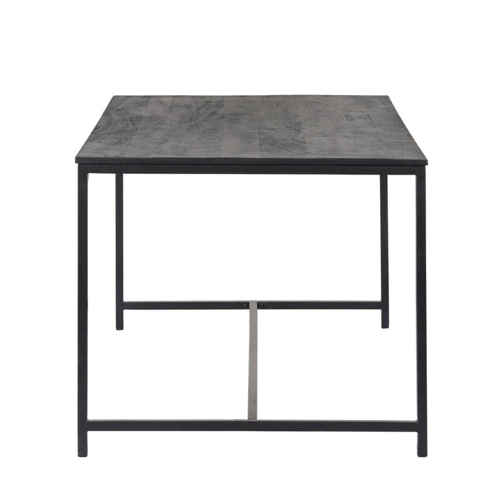 rectangular table with a dark gray wood-grain top and a black metal frame