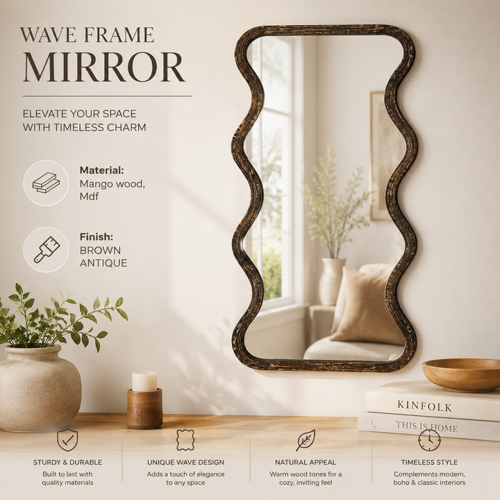 Wave Frame Mirror in Antique Brown Mango Wood 90x180 cm