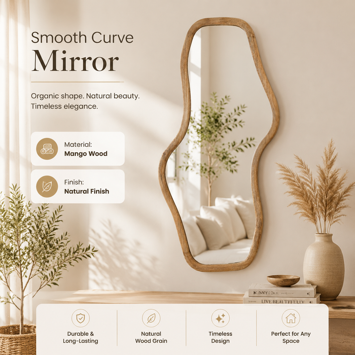 Smooth Curve Wall Mirror in Natural Mango Wood 90x170 cm