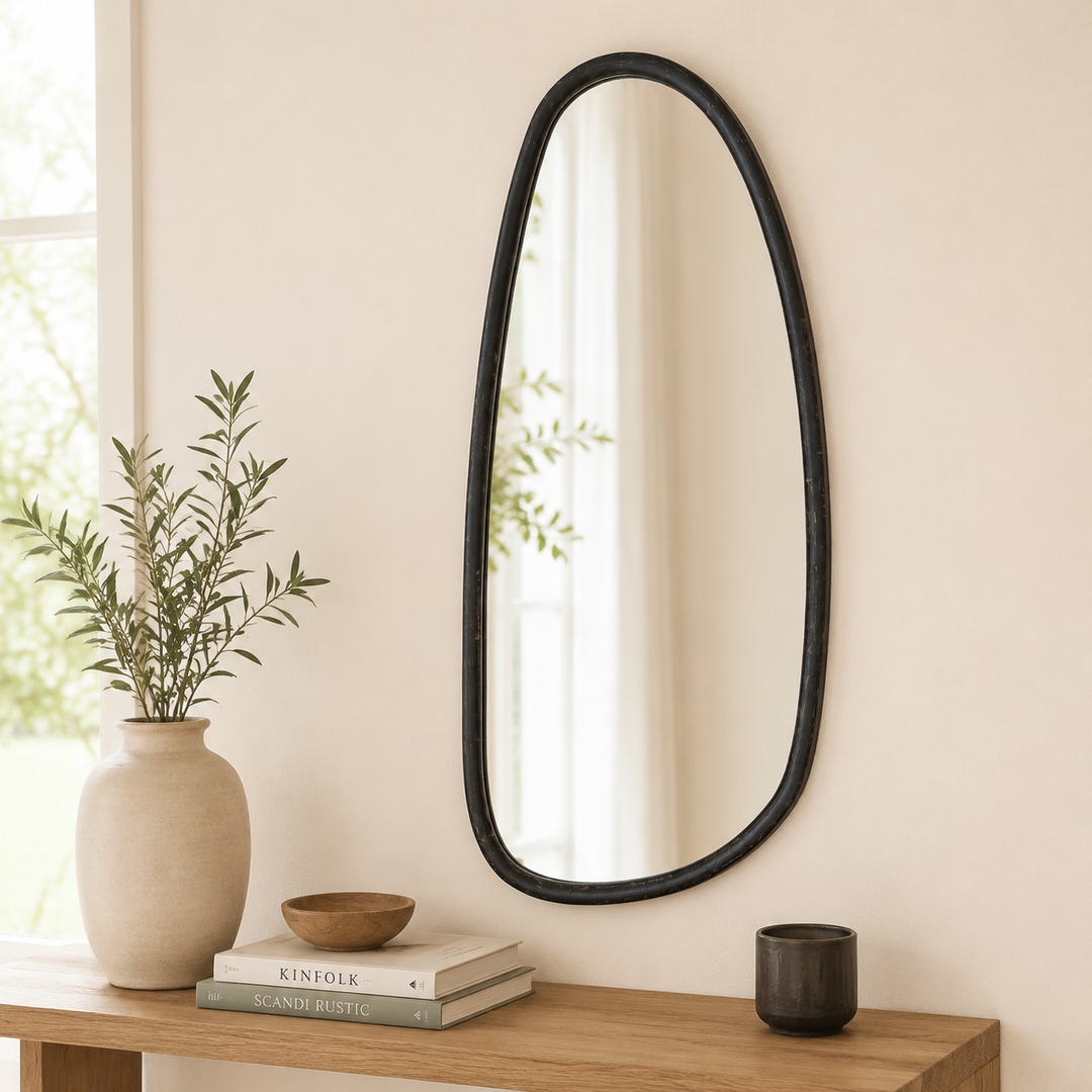 Abstract Shape Wall Mirror in Black Wash Mango Wood Frame