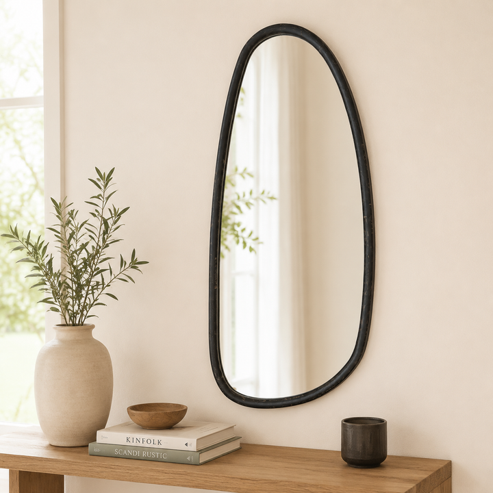 Abstract Shape Wall Mirror in Black Wash Mango Wood Frame